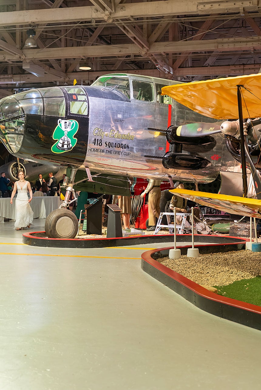 Alberta Aviation Museum hangar space prepared for an Edmonton wedding