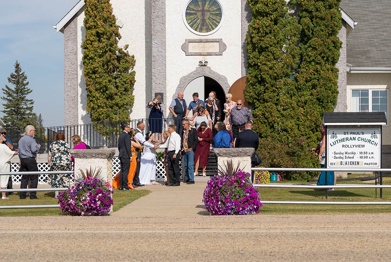 Wedding guests gathered outside the church after Trudy and Byron’s ceremony.
